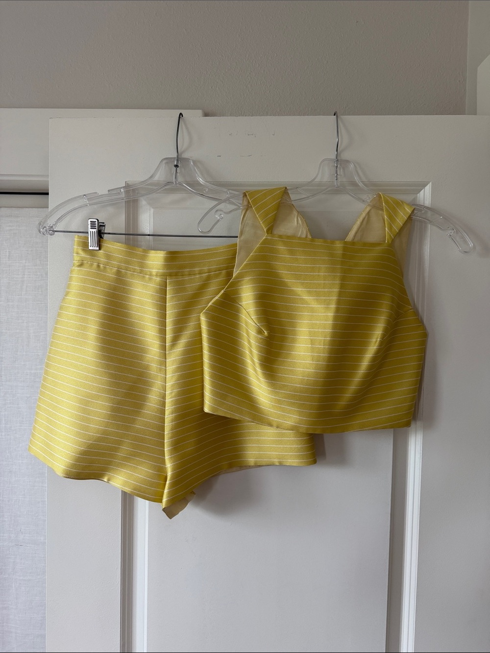 Christian Siriano Yellow Striped Crop Top and High-Waist Shorts Set, US4